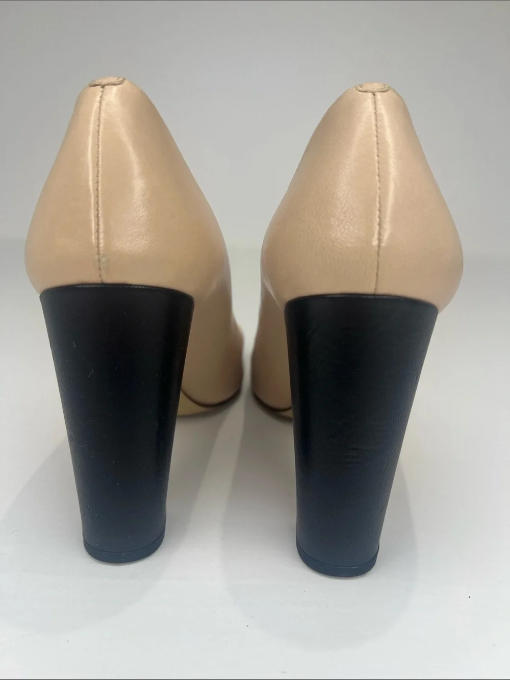 Leather Two-Tone Block Heel Pumps - Nude & Black